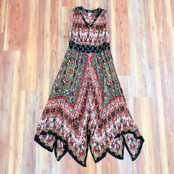 Bila Women XL Maxi Dress Multicolor Boho Paisley Smocked Waist Sharkbite Hem - Picture 7 of 10